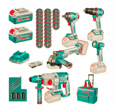 Kit Taladro + Llave de Impacto + Esmeril + Rotomartillo + Lampara