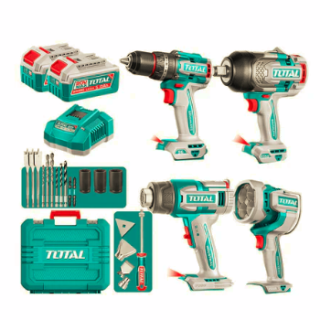 Kit Taladro 96nm + Llave Impacto 1350nm + Linterna + Pistola Calor y Acc