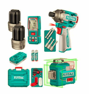 Kit Atornillador Impacto 170Nm + Nivel Laser + Detector de Voltaje TOTAL