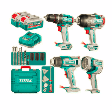 Kit Taladro 96nm + Llave Impacto 1350nm + Linterna + Pistola Calor y Acc